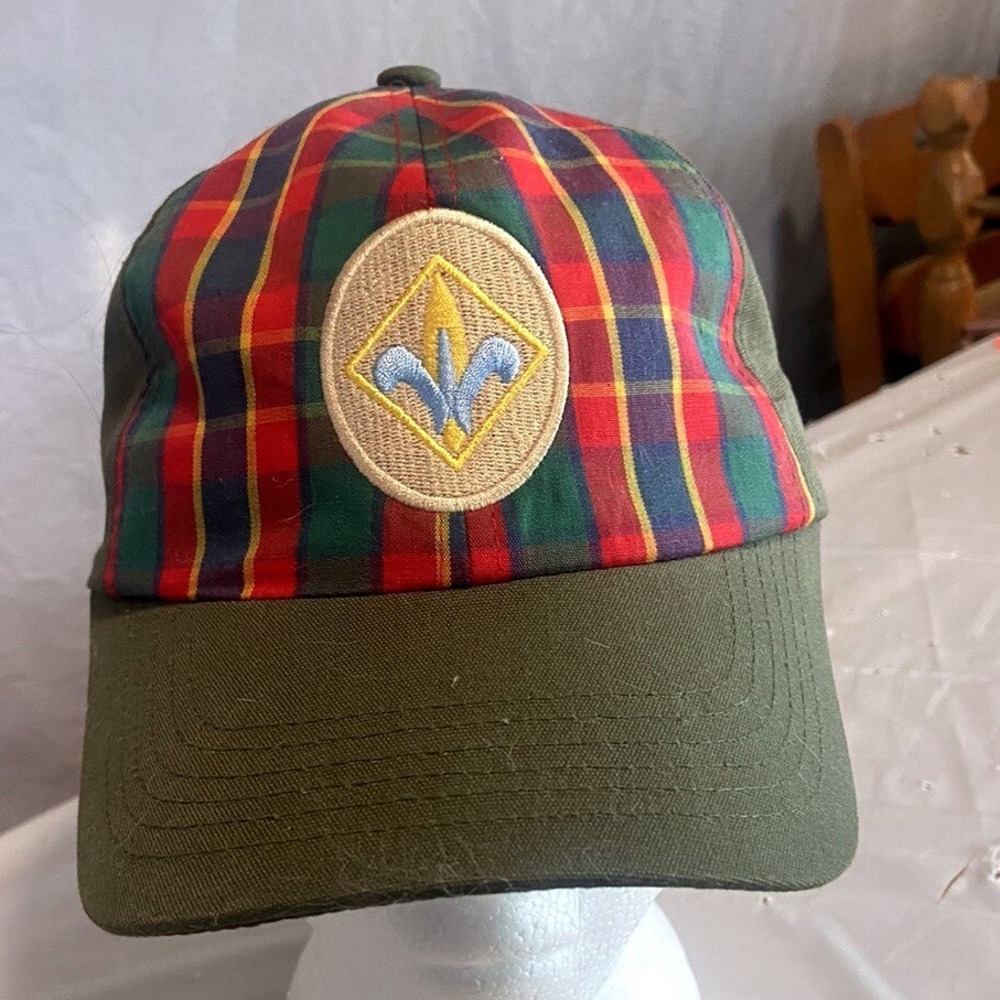 Vintage Boy Scouts BSA Plaid Fleur De Lis Patch Baseball Cap Olive Green Hat